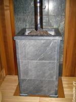 Банная печь с открытой каменкой в талькохлориде. Подключение к дымоходу из нержавеющей стали